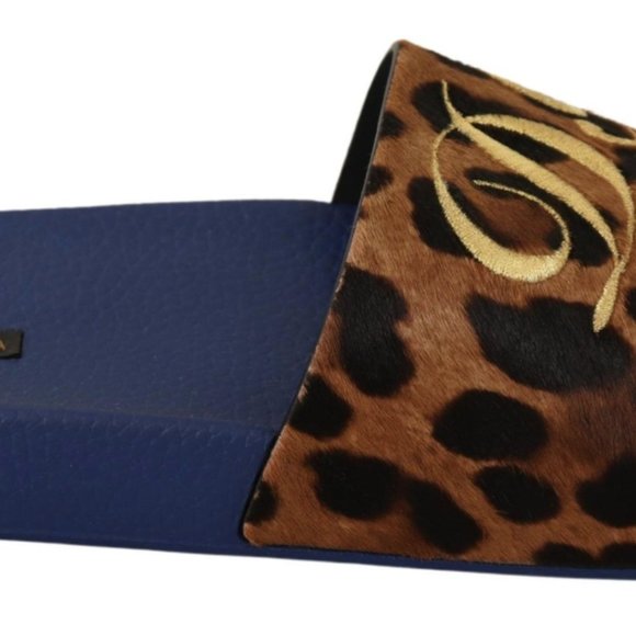 DOLCE & GABBANA Blue Brown Leopard Logo Rubber Slides Slippers Shoes main image 5